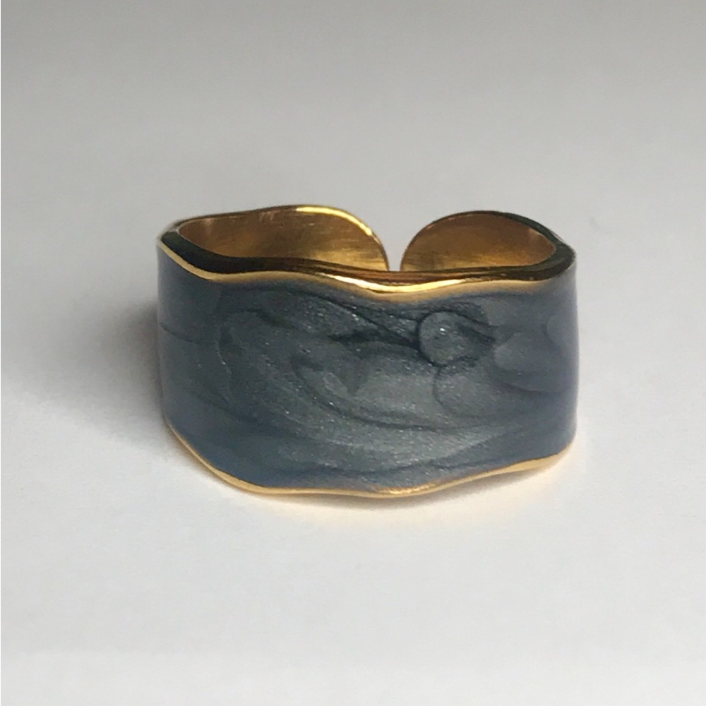 Stainless Steel Acrylic Ring Black Gold Adjustable Women Size 7